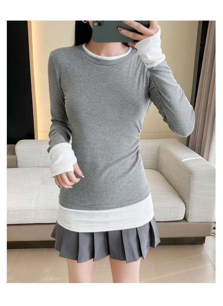 Generic - Grey Long Sleeve Innersanding Base Layer Top Womens Spring Autumn/Winter New Two-Piece Illusion Color Blocking T-Shirt Korean S Gray - Image 1