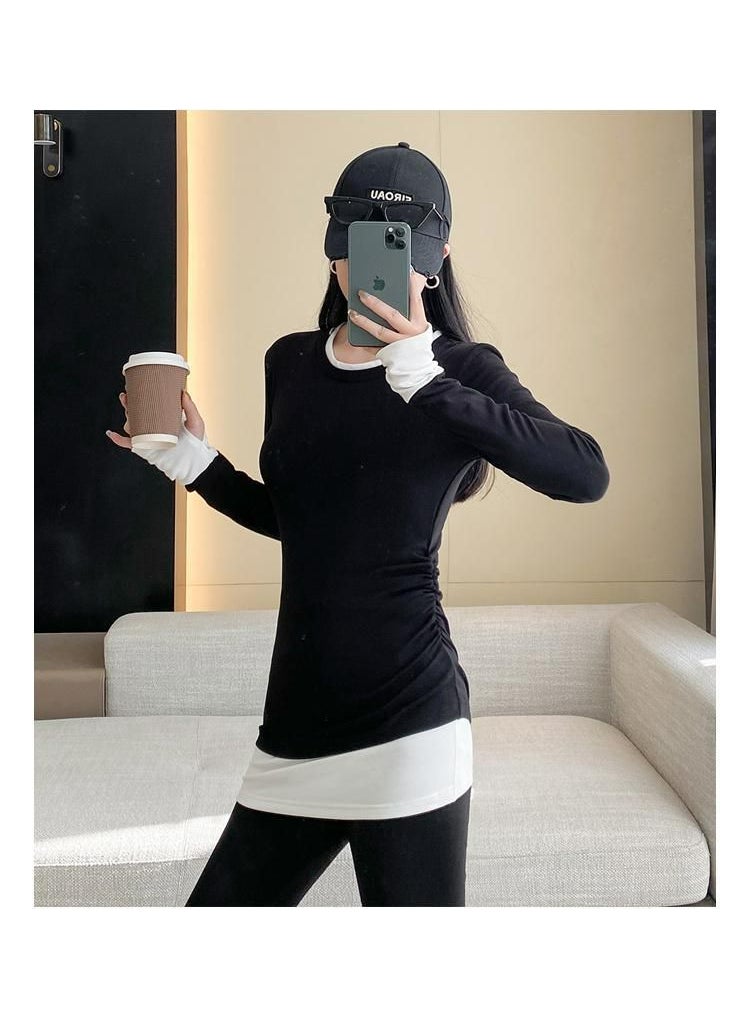 Generic - Grey Long Sleeve Innersanding Base Layer Top Womens Spring Autumn/Winter New Two-Piece Illusion Color Blocking T-Shirt Korean S Gray - Image 1