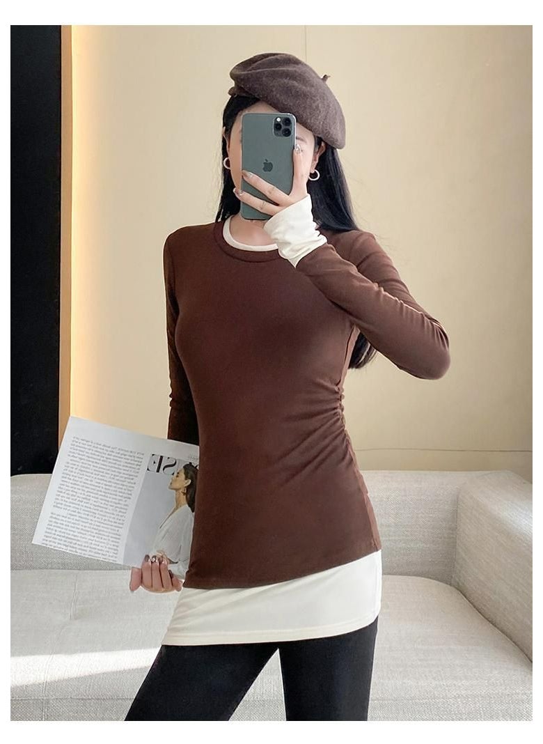 Generic - Grey Long Sleeve Innersanding Base Layer Top Womens Spring Autumn/Winter New Two-Piece Illusion Color Blocking T-Shirt Korean S Gray - Image 1