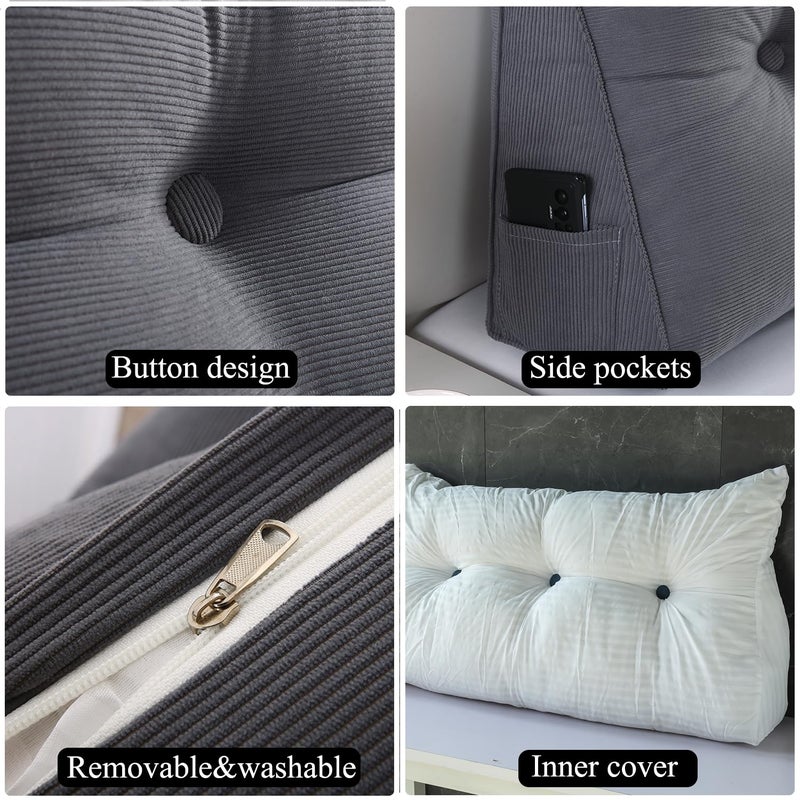 SAMTY Husband headboard Pillow Large Back Rest Support Reading Pillows for Sitting in Bed for Adults Triangle Velvet Wedge Pillow headboard Full Size, Grey - Image 4