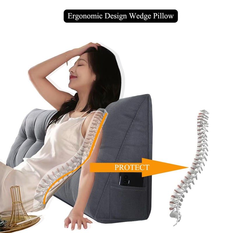 SAMTY Husband headboard Pillow Large Back Rest Support Reading Pillows for Sitting in Bed for Adults Triangle Velvet Wedge Pillow headboard Full Size, Grey - Image 5