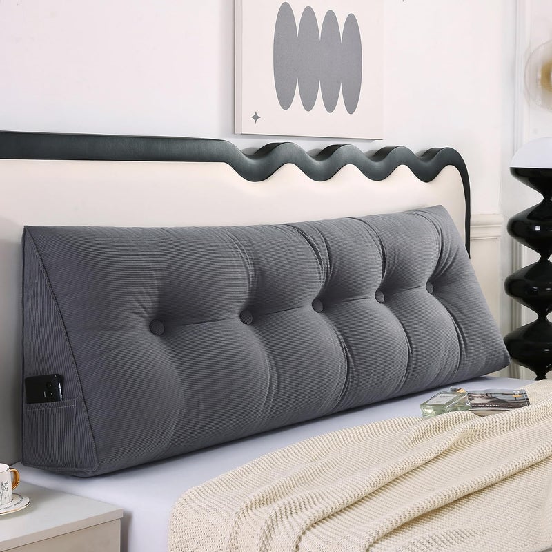 SAMTY Husband headboard Pillow Large Back Rest Support Reading Pillows for Sitting in Bed for Adults Triangle Velvet Wedge Pillow headboard Full Size, Grey - Image 3