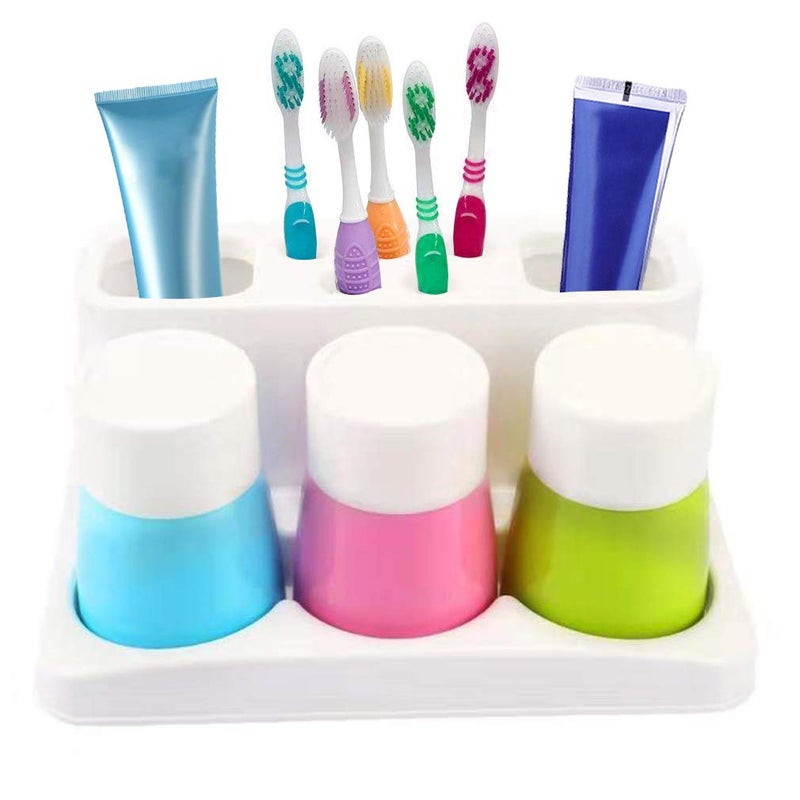 ENJOYPRO Toothbrush Holder 5 Hole Toothpaste Stand Bathroom Organizer with 3 Rinse Cups for Family Set