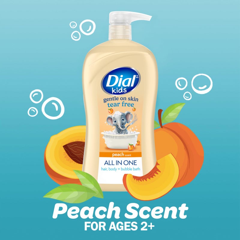 Dial Kids All-in-1 Body + Hair + Bubble Bath, Peach Scent, 32 Fl Oz, Hypoallergenic Body Wash & Shampoo, No Tears Formula for Kids 2+ Years, No Parabens & Silicones - Image 3