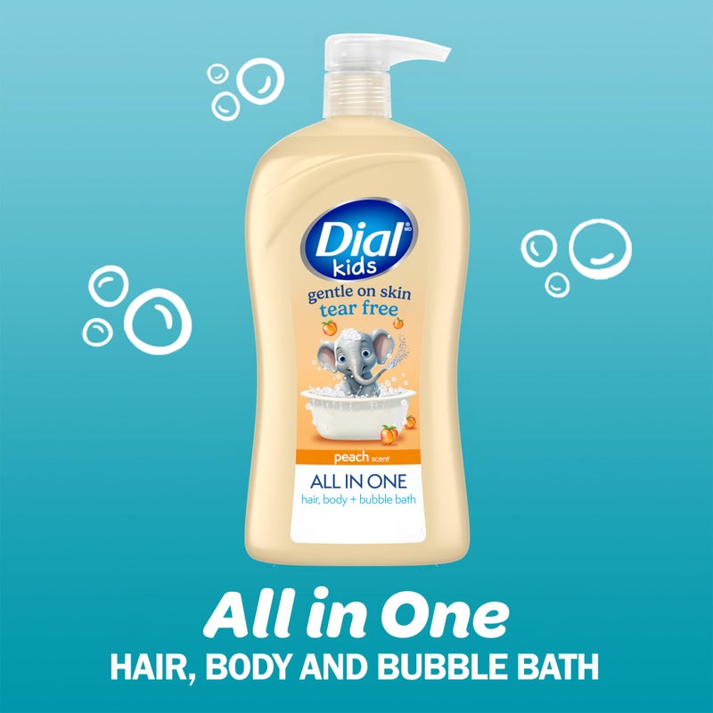 Dial Kids All-in-1 Body + Hair + Bubble Bath, Peach Scent, 32 Fl Oz, Hypoallergenic Body Wash & Shampoo, No Tears Formula for Kids 2+ Years, No Parabens & Silicones - Image 2