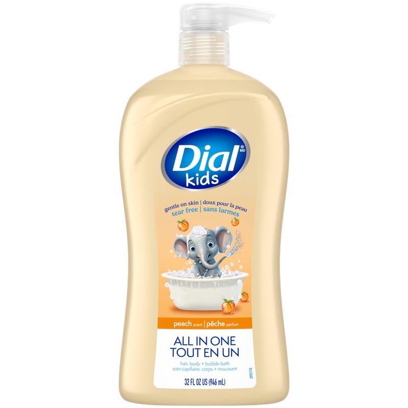 Dial Kids All-in-1 Body + Hair + Bubble Bath, Peach Scent, 32 Fl Oz, Hypoallergenic Body Wash & Shampoo, No Tears Formula for Kids 2+ Years, No Parabens & Silicones - Image 1