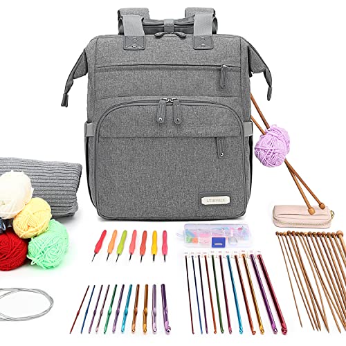 LTINVECK Knitting Bag Backpack Yarn Storage Organizer Travel Bag with USB Charging Port, Large Tote Bag Holder Case for Knitting Needles, Crochet Hooks, Accessories, Grey - Image 2