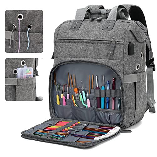 LTINVECK Knitting Bag Backpack Yarn Storage Organizer Travel Bag with USB Charging Port, Large Tote Bag Holder Case for Knitting Needles, Crochet Hooks, Accessories, Grey - Image 3