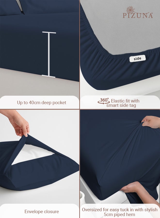 PIZUNA Pure Combed Cotton Bed Sheet Set Queen Size Dark Blue, 400 Thread Count Cozy Luxury 100% Long Staple Cotton Sateen Weave Bedsheets Set (1 Flat Sheet, 1 Fitted Sheet, 2 Pillowcases) - Image 4