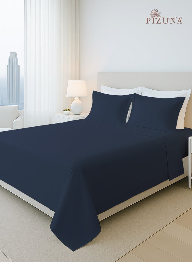 PIZUNA Pure Combed Cotton Bed Sheet Set Queen Size Dark Blue, 400 Thread Count Cozy Luxury 100% Long Staple Cotton Sateen Weave Bedsheets Set (1 Flat Sheet, 1 Fitted Sheet, 2 Pillowcases) - Image 1