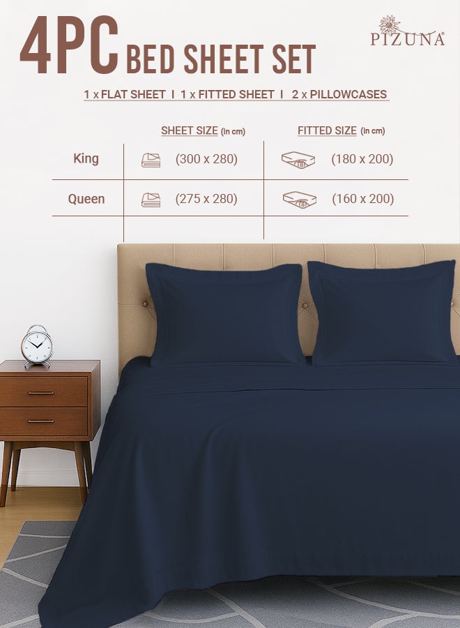 PIZUNA Pure Combed Cotton Bed Sheet Set Queen Size Dark Blue, 400 Thread Count Cozy Luxury 100% Long Staple Cotton Sateen Weave Bedsheets Set (1 Flat Sheet, 1 Fitted Sheet, 2 Pillowcases) - Image 3