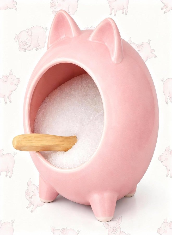 Sliner Ceramic Salt Pig with Wooden Spoon Pink Cute Pig Shaped Salt Cellar Holder Countertop Storage Container for Kitchen Counter Dishwasher Safe - Image 1