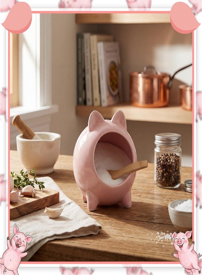 Sliner Ceramic Salt Pig with Wooden Spoon Pink Cute Pig Shaped Salt Cellar Holder Countertop Storage Container for Kitchen Counter Dishwasher Safe - Image 4