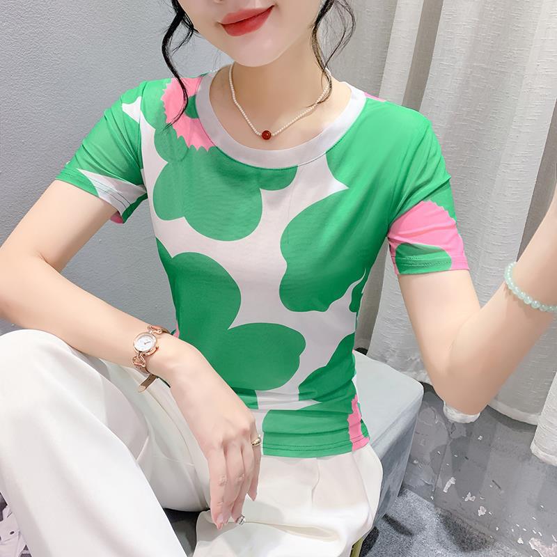 Round Neck High Elastic Mesh T-Shirt For Women 2024 Summer Pattern Printing Fashionable Elegant Short-Sleeved Fashionable Slim Bottoming Shirt - Image 5
