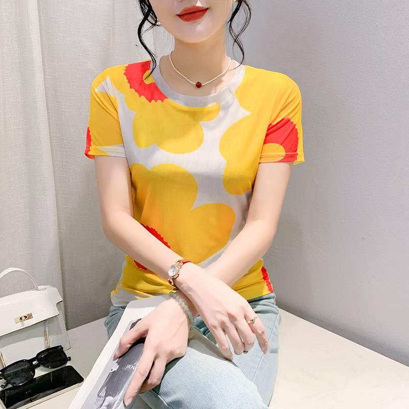 Round Neck High Elastic Mesh T-Shirt For Women 2024 Summer Pattern Printing Fashionable Elegant Short-Sleeved Fashionable Slim Bottoming Shirt - Image 1