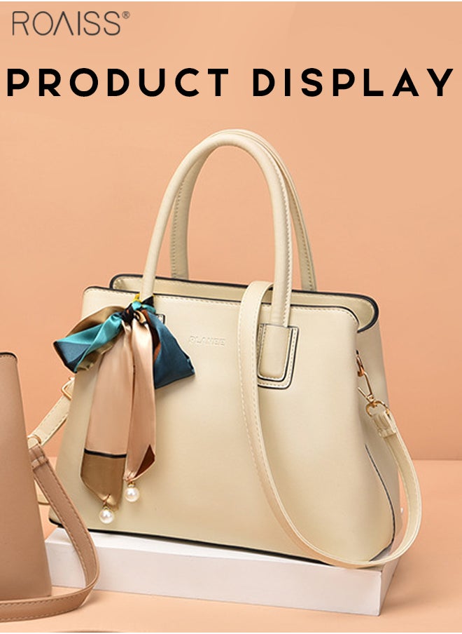roaiss - Women's Fashion Simple High Capacity Pu Pitot Bag Adjustable And Detachable Shoulder Bag With Printed Ribbon Decoration Multi Layered Handbag With Zipper Opening And Closing Design - Image 1