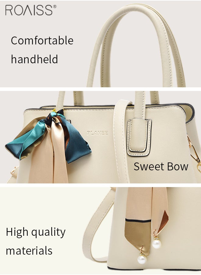 roaiss - Women's Fashion Simple High Capacity Pu Pitot Bag Adjustable And Detachable Shoulder Bag With Printed Ribbon Decoration Multi Layered Handbag With Zipper Opening And Closing Design - Image 1
