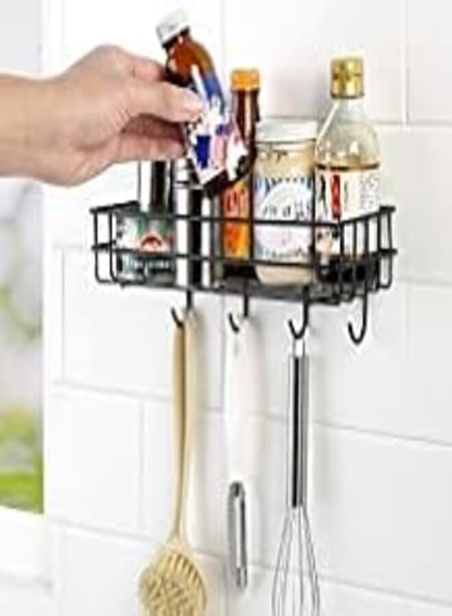ZURATO ZURATO Self Adhesive Bathroom Rack - Kitchen Storage Multipurpose Rack with 4 Hooks - Adhesive Metal Shelf - Pack of 1 (AV218 Shelf)