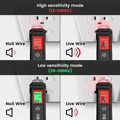 KAIWEETS Voltage Tester/Non-Contact Voltage Tester with Signal, Dual Range AC 12V/70V-1000V, Live/Null Wire Tester, Electrical Tester with LCD Display, Buzzer Alarm (not include battery, black red) - Image 4