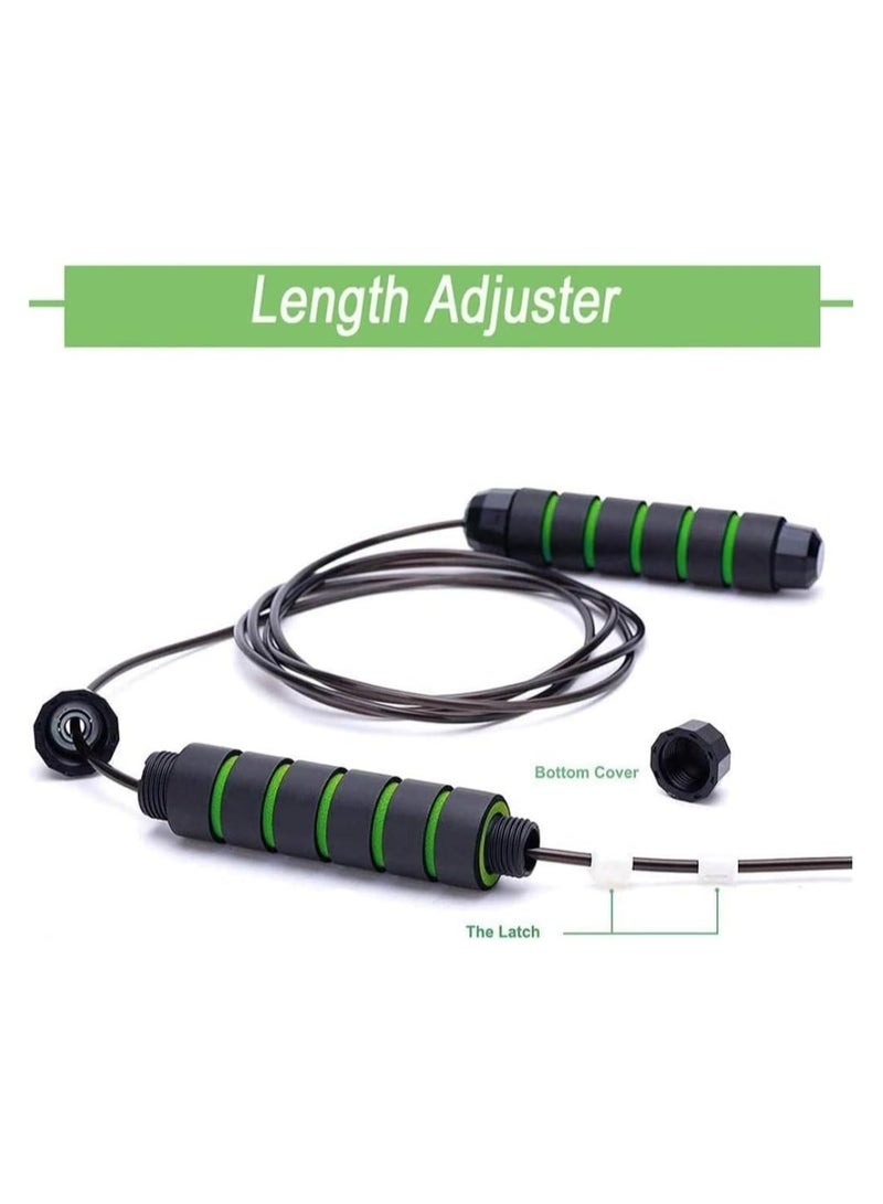 Black green 2.8M skipping rope, PVC/steel wire tangle free fast skipping rope, handle with anti slip breathable foam, ball bearing, suitable for women, men and children, adjustable steel skipping rope exercise, suitable for fitness, family exercise and slim figure - Image 3