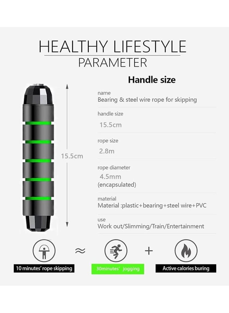 Black green 2.8M skipping rope, PVC/steel wire tangle free fast skipping rope, handle with anti slip breathable foam, ball bearing, suitable for women, men and children, adjustable steel skipping rope exercise, suitable for fitness, family exercise and slim figure - Image 4