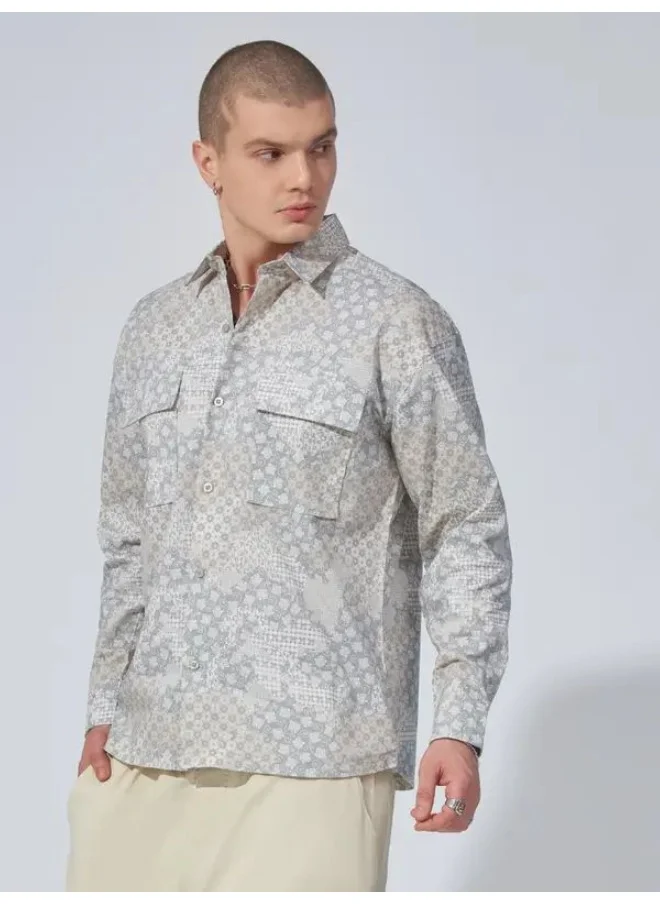 Maniac Maniac Mens All Over Printed Full Sleeve Beige Cotton Shirt