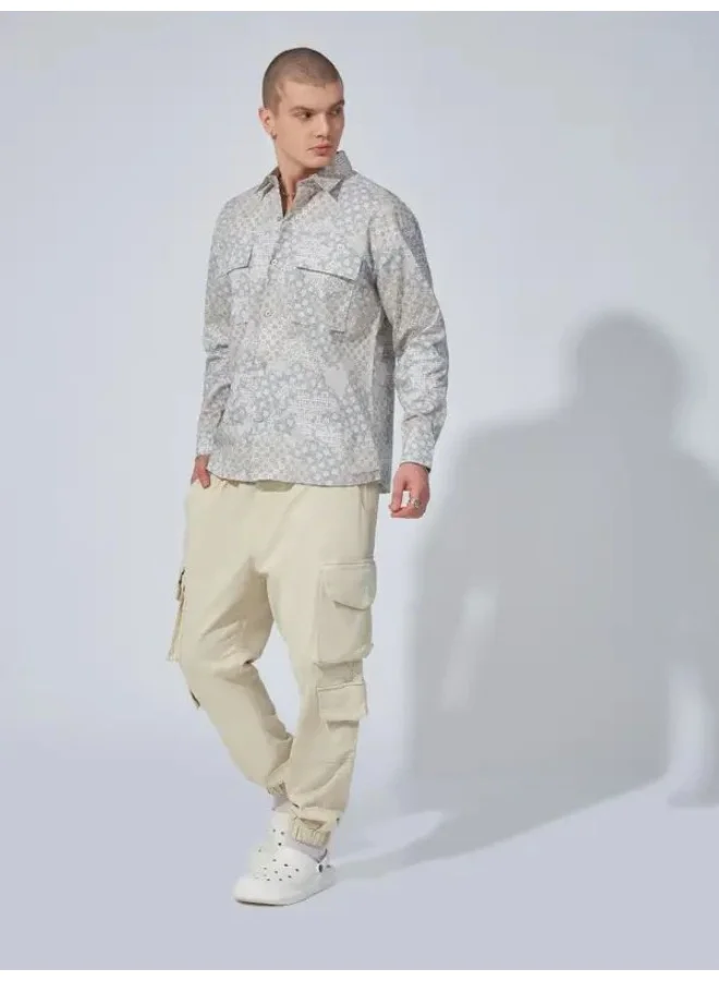 Maniac Maniac Mens All Over Printed Full Sleeve Beige Cotton Shirt