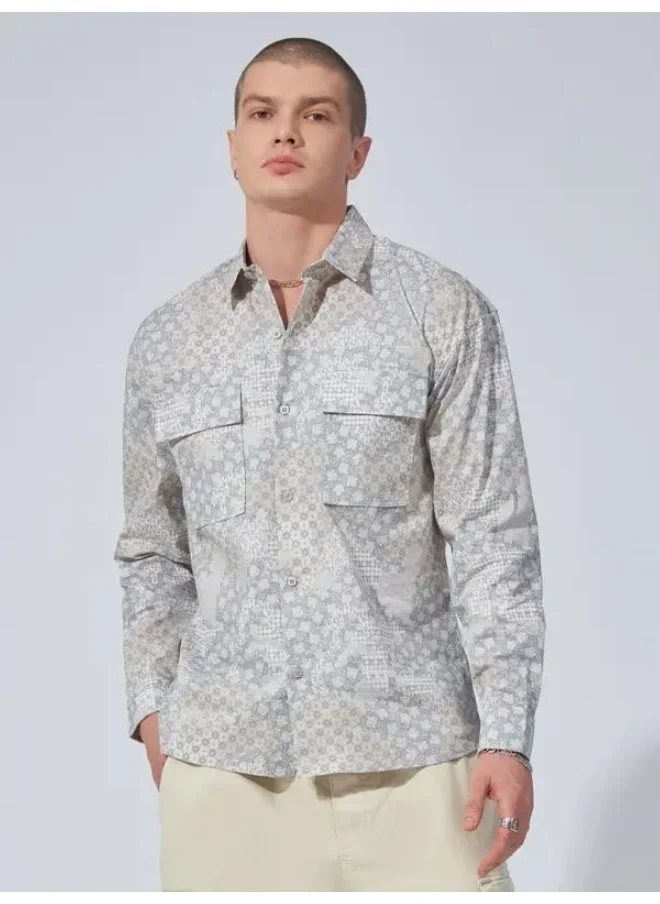 Maniac Maniac Mens All Over Printed Full Sleeve Beige Cotton Shirt