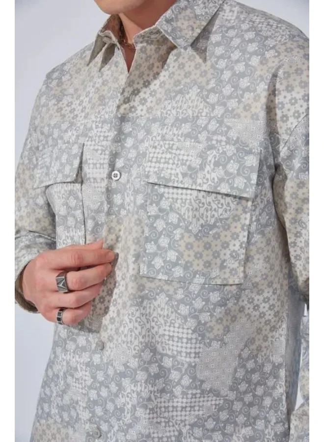 Maniac Maniac Mens All Over Printed Full Sleeve Beige Cotton Shirt