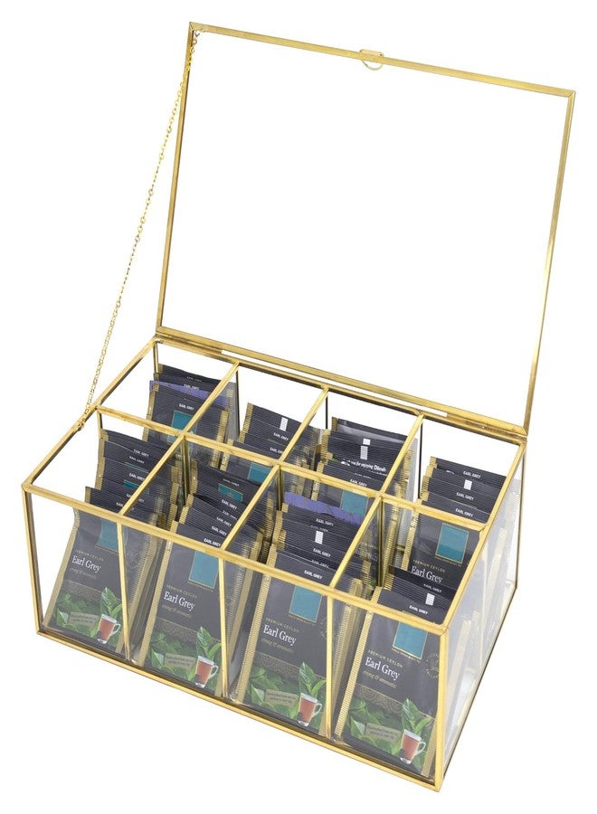 HighFree Gold Glass Tea Bag Organizer, Clear Storage Glass Box with Lid, Counter Top Collection Box for Tea, Surgar & Coffee Bags (8 Compartments) - Image 1