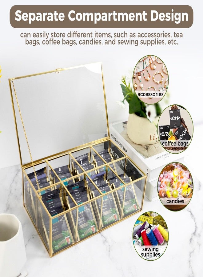 HighFree Gold Glass Tea Bag Organizer, Clear Storage Glass Box with Lid, Counter Top Collection Box for Tea, Surgar & Coffee Bags (8 Compartments) - Image 3