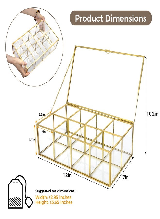 HighFree Gold Glass Tea Bag Organizer, Clear Storage Glass Box with Lid, Counter Top Collection Box for Tea, Surgar & Coffee Bags (8 Compartments) - Image 2