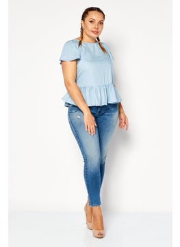 promod Women Boat Neck Short Sleeve Plain Blouse, Light Blue  - Image 2