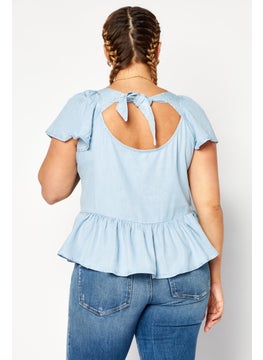 promod Women Boat Neck Short Sleeve Plain Blouse, Light Blue  - Image 4