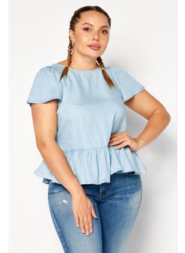 promod Women Boat Neck Short Sleeve Plain Blouse, Light Blue  - Image 1