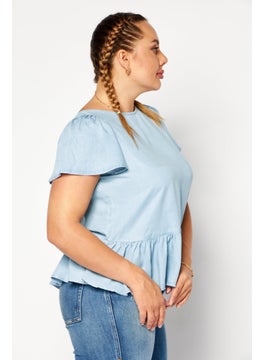 promod Women Boat Neck Short Sleeve Plain Blouse, Light Blue  - Image 3