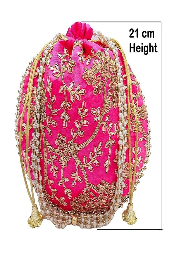 Atipriya Rajasthani Style Royal Clutch Silk Batwa Bag Wristlets Ethnic Potli for Women's Zari Work Potli Bridal Potli(Mazenta/Pink) - Image 4