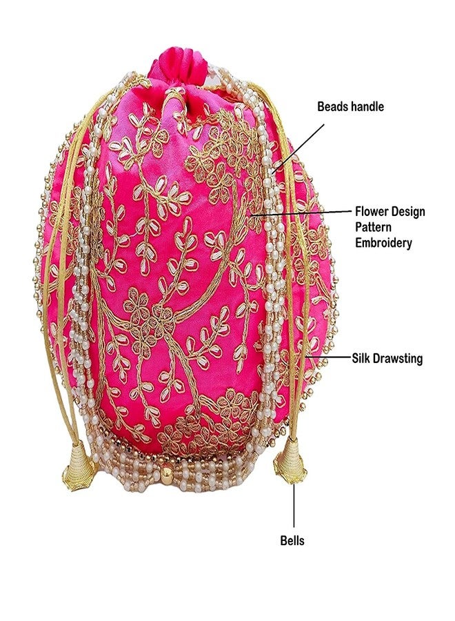 Atipriya Rajasthani Style Royal Clutch Silk Batwa Bag Wristlets Ethnic Potli for Women's Zari Work Potli Bridal Potli(Mazenta/Pink) - Image 3