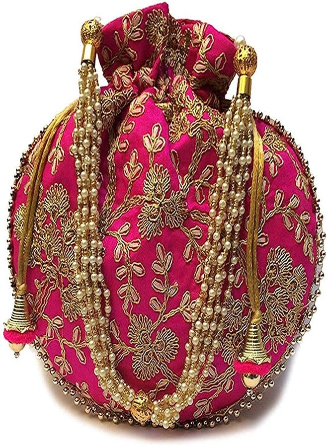 Atipriya Rajasthani Style Royal Clutch Silk Batwa Bag Wristlets Ethnic Potli for Women's Zari Work Potli Bridal Potli(Mazenta/Pink) - Image 1