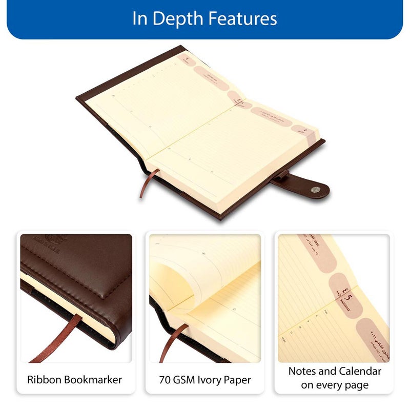 FIS 2026 Agenda Diary, 170x240mm, 2 Sides Padded & Sewn Italian PU Cover, Loop with Magnetic Lock, 1 Day a Page, Arabic/English, 70gsm Italian Ivory Paper, Dark Brown Cover - FSDI61026AEDBR - Image 5
