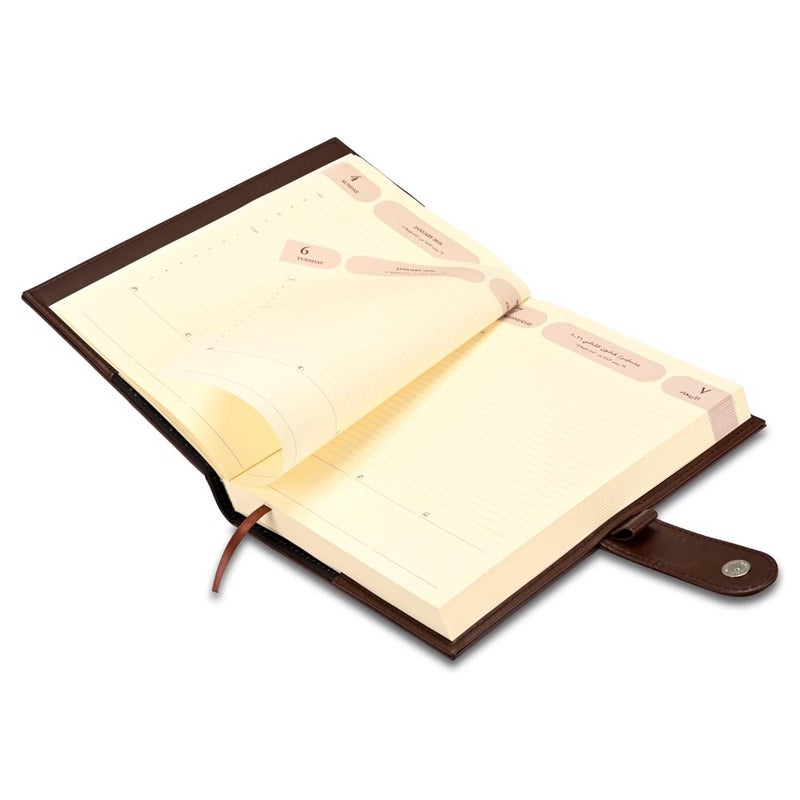 FIS 2026 Agenda Diary, 170x240mm, 2 Sides Padded & Sewn Italian PU Cover, Loop with Magnetic Lock, 1 Day a Page, Arabic/English, 70gsm Italian Ivory Paper, Dark Brown Cover - FSDI61026AEDBR - Image 4