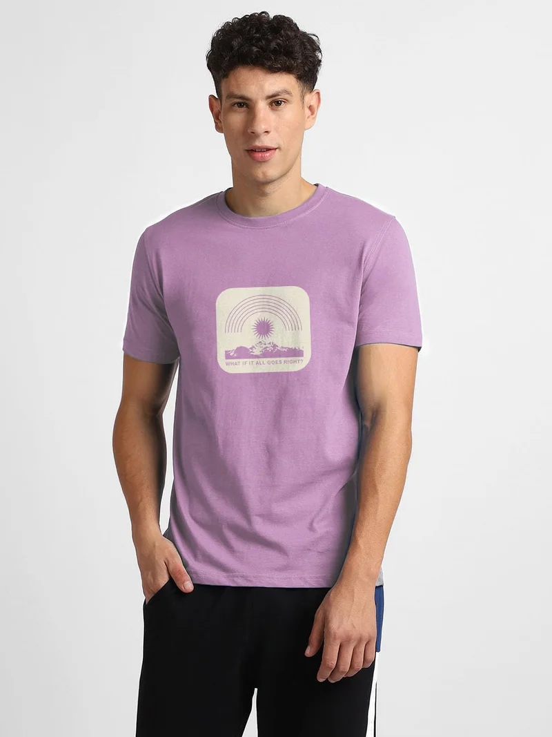 نوبيرو Men's Cotton Regular Fit Typographic T-Shirt in Lilac