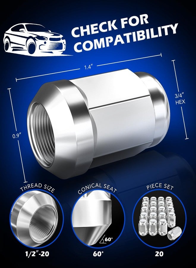 Orion Motor Tech 1/2"-20 Lug Nuts with Cone Seat, 3/4" 19mm Hex 1.38x0.87 in. Chrome Plated Wheel Lug Nuts Compatible with Ford Mustang Explorer F-150 Dodge Ram 1500 Jeep Wrangler, Set of 20 - Image 2