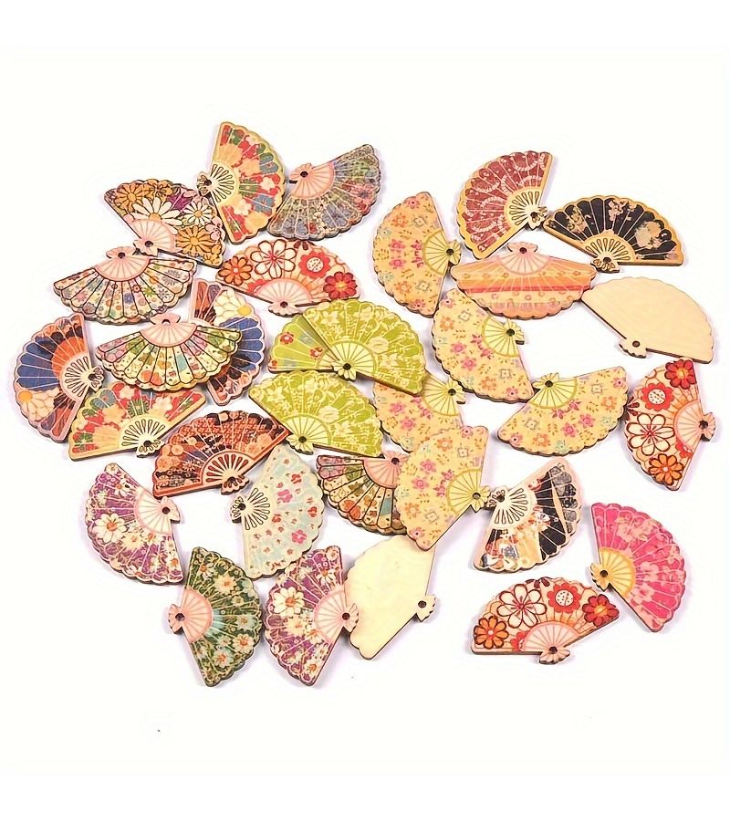 20 Multi Colored Wooden Cartoon Fans With Holes For Pendants Creative Handmade Hair Clips And Decorative Ornaments Measuring 1.89 1.16 Inch Random Assorted Mixed Prints - Image 1