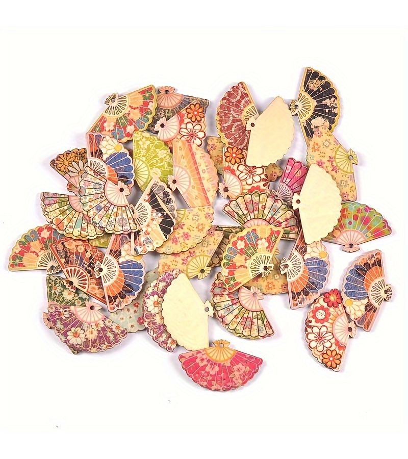 20 Multi Colored Wooden Cartoon Fans With Holes For Pendants Creative Handmade Hair Clips And Decorative Ornaments Measuring 1.89 1.16 Inch Random Assorted Mixed Prints - Image 5