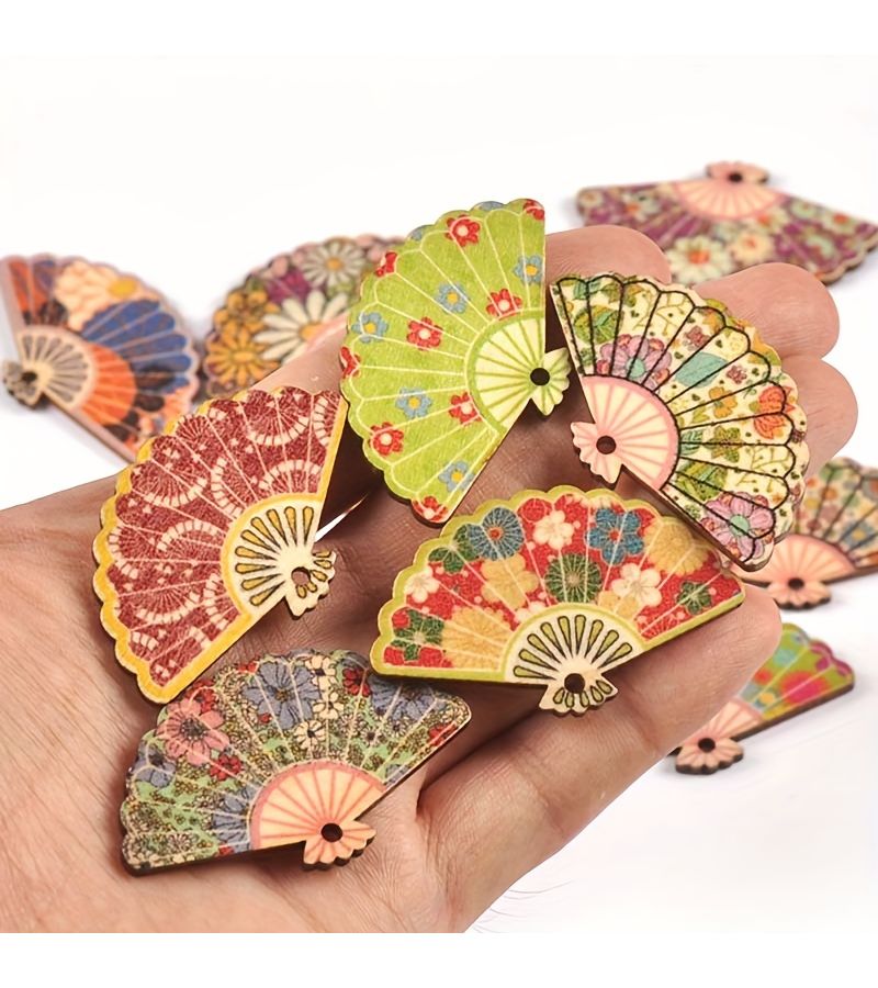 20 Multi Colored Wooden Cartoon Fans With Holes For Pendants Creative Handmade Hair Clips And Decorative Ornaments Measuring 1.89 1.16 Inch Random Assorted Mixed Prints - Image 4