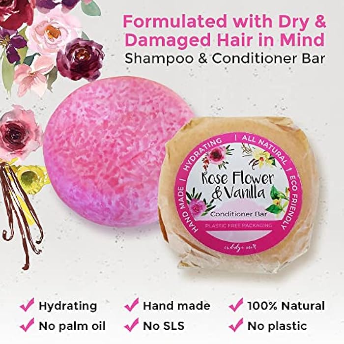 IndulgeMe Solid Shampoo and Conditioner Bar - Eco Friendly Hair Care, Dry and Damaged Hair Treatment, Rose and Vanilla Scented, Jojoba Oil, Argan Oil For Hair, Zero Waste, 3 In 1 Shampoo, Hydrating Set 2 Bars - Image 2