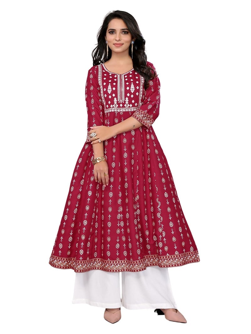 rangita Maroon Rayon Calf Length Embroidered Anarkali Kurti | Kurta for Women_S - Image 1