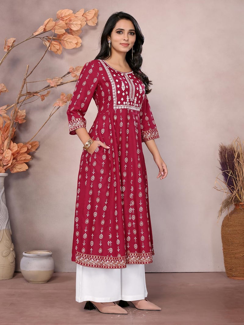 rangita Maroon Rayon Calf Length Embroidered Anarkali Kurti | Kurta for Women_S - Image 3