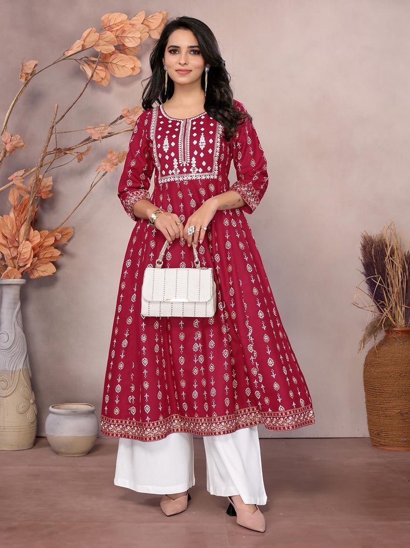 rangita Maroon Rayon Calf Length Embroidered Anarkali Kurti | Kurta for Women_S - Image 5